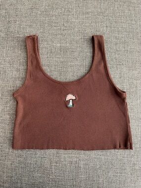 Garage Brown Ribbed Crop Tank with Mushroom Patch